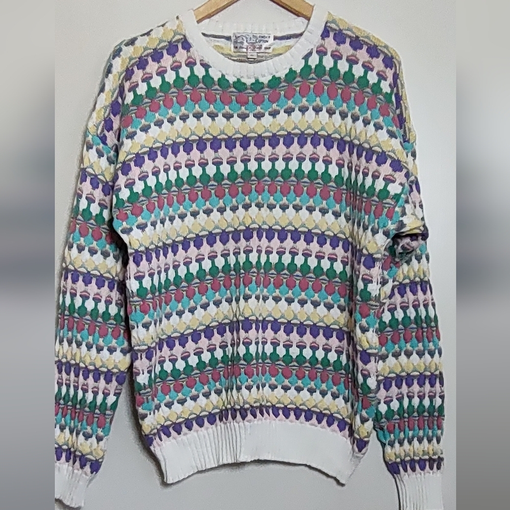 Vintage Islander Cotton Mens Pastel Multi Color Texture Patterned Sweater